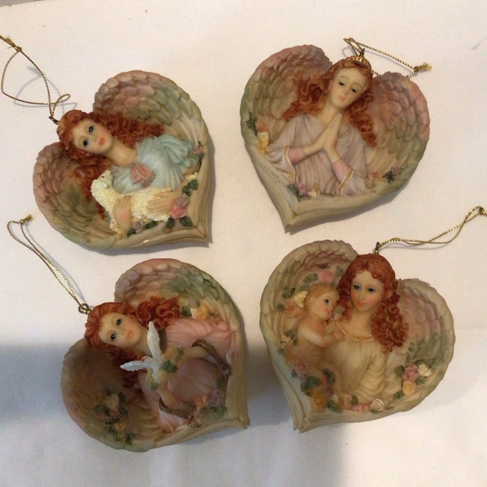 Heart Angel Holiday Ornament Set - Pastel Pink/Peach vintage lot of 4 vintage